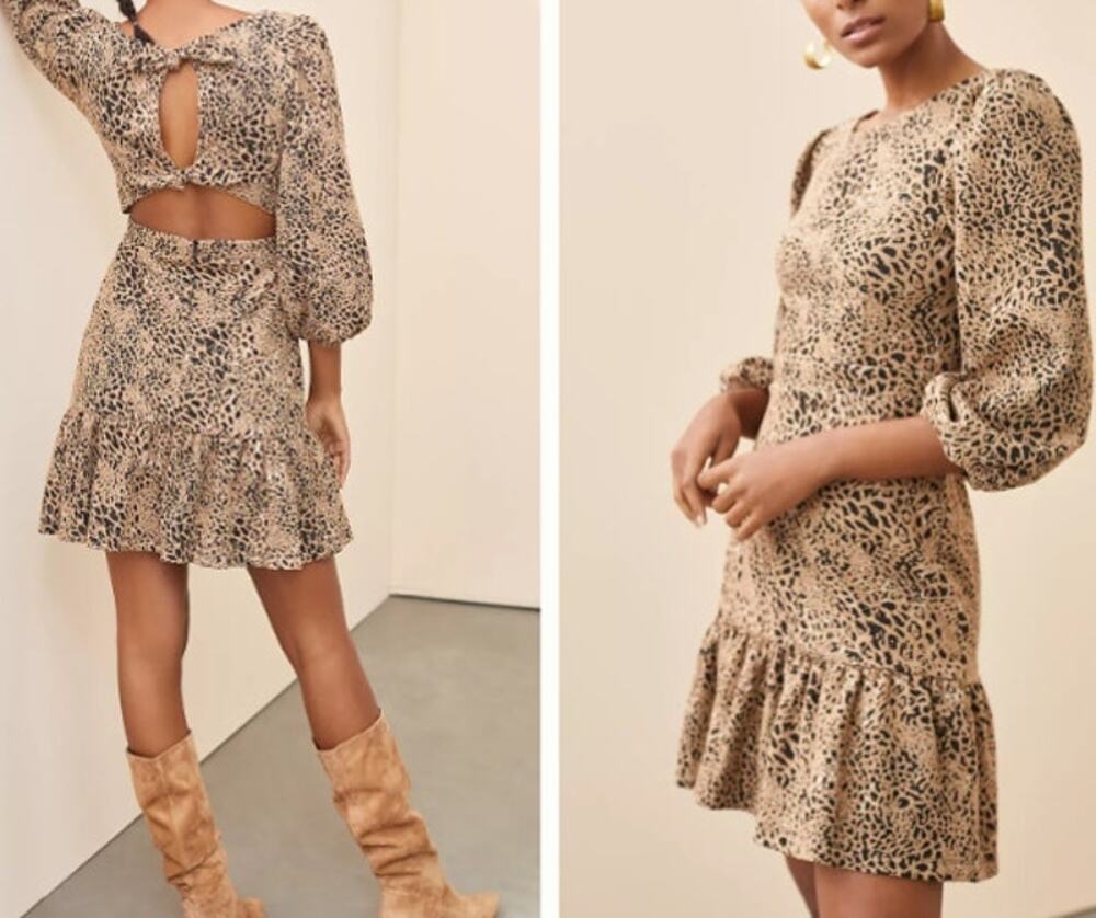 Anthropologie Maeve Knit Cut Out Bow Tie Leopard Animal Print Mini Flare Dress